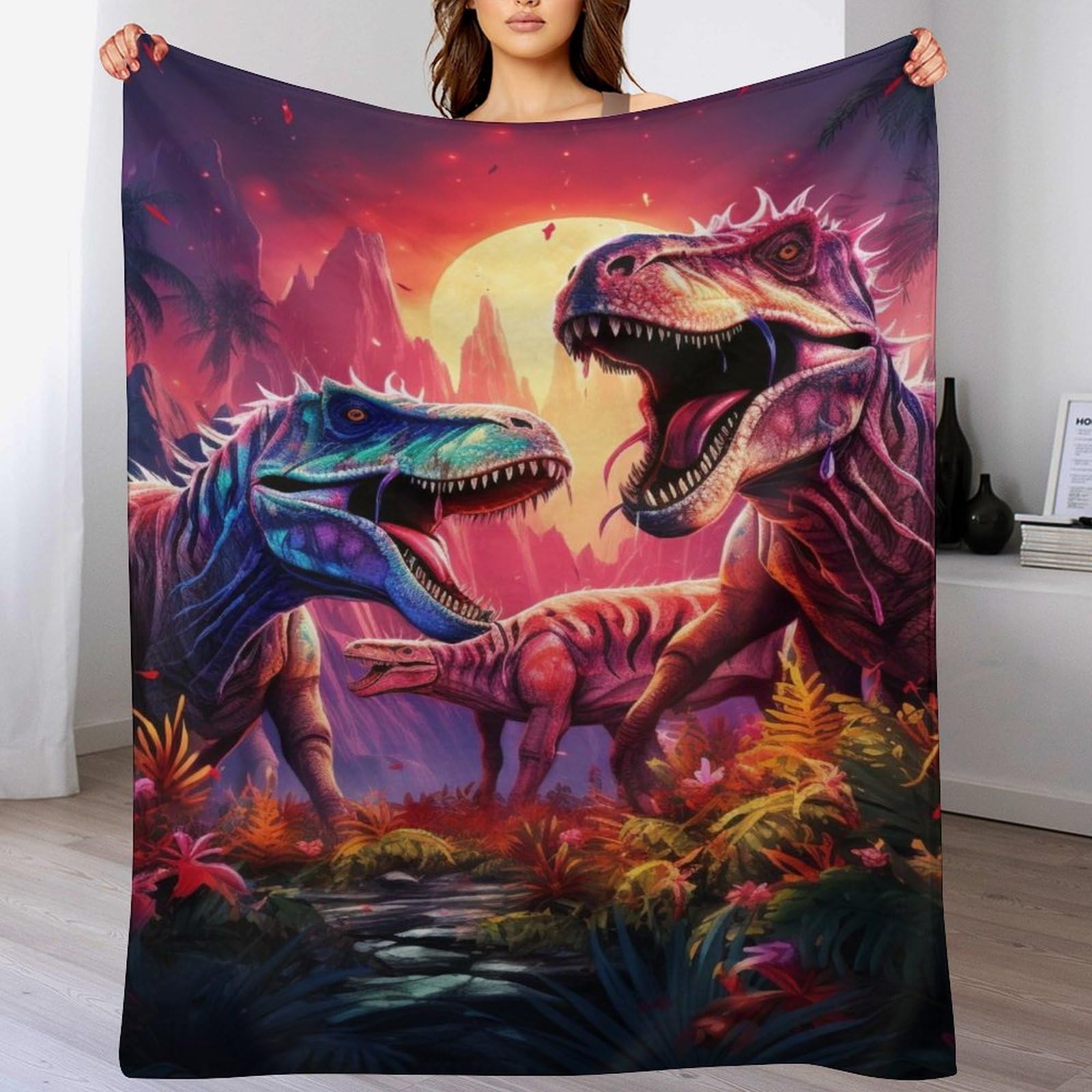 Couverture dinosaure en flanelle 150x200cm pour jeté de lit et canapé