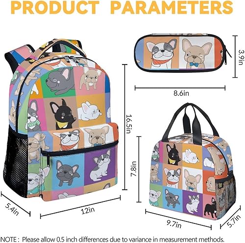 Miniatura 4 de Mochila de bulldog francés con lonchera y estuche para lápices para niñas y niños, mochila escolar de 16 pulgadas con correas ajustables, bolsa