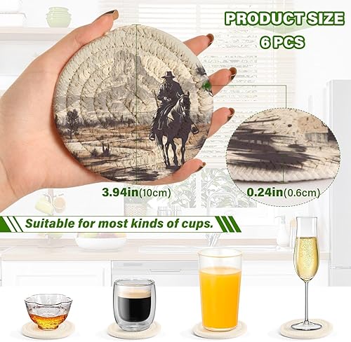 Miniatura 3 de Western Cowboy - 6 posavasos absorbentes para protección de mesa, hechos a mano, redondos, tejidos, con soporte y resistente al calor al agua,