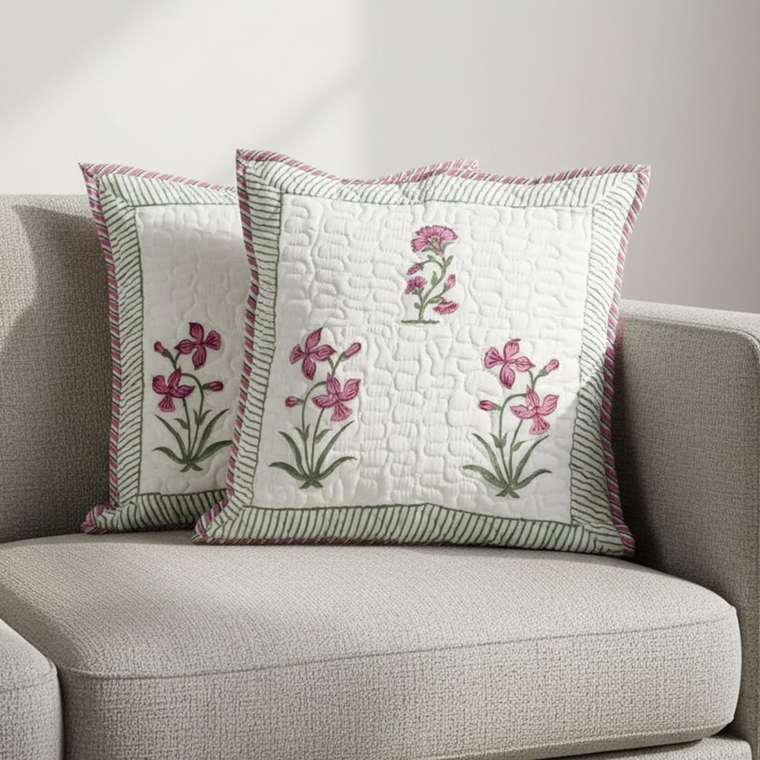 HOMEMONDE Quilted 16 X 16 Inches Soft Throw Cushion Cover - Pack Of 2 Jaipuri Hand Block Print Cotton Pillow Covers, Pink, 300 TC