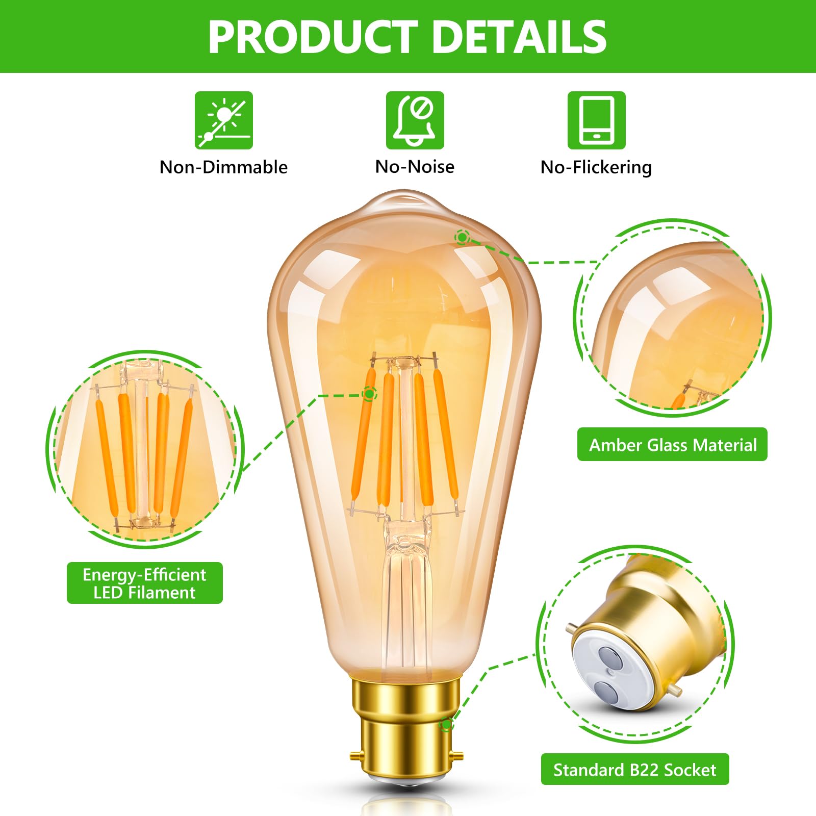 Morotty B22 Vintage Bayonet LED Light Bulbs 6W,Decorative Light Bulb,60W Equivalent,400lm,Warm White 2700K,ST64 LED Filament Bulb - Image 3