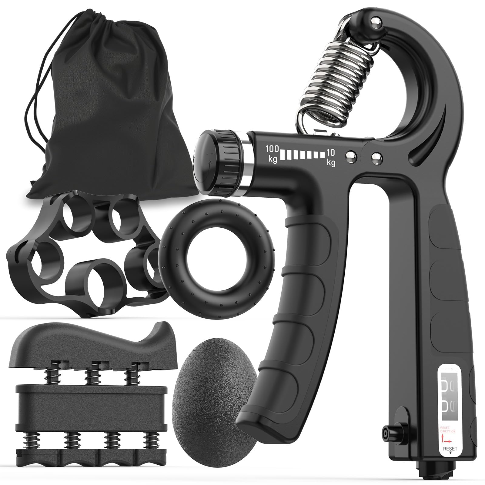 Grip Strength Trainer Kit, 5 Pack, Adjustable 10-100kg Resistance, Hand Gripper with Counting, Forearm Strengthener for Muscle Building (Black)