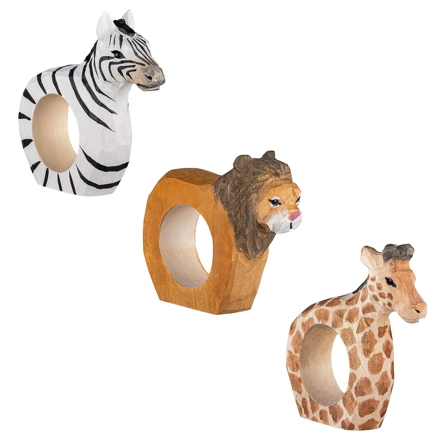 Serviettenringe|Handgeschnitzt|Tierdesign - Löwe, Zebra, Giraffe|3er-Set|aus Holz|Handbemalt|Vielseitig einsetzbar|mit Standfestem Boden|9x7x2 cm