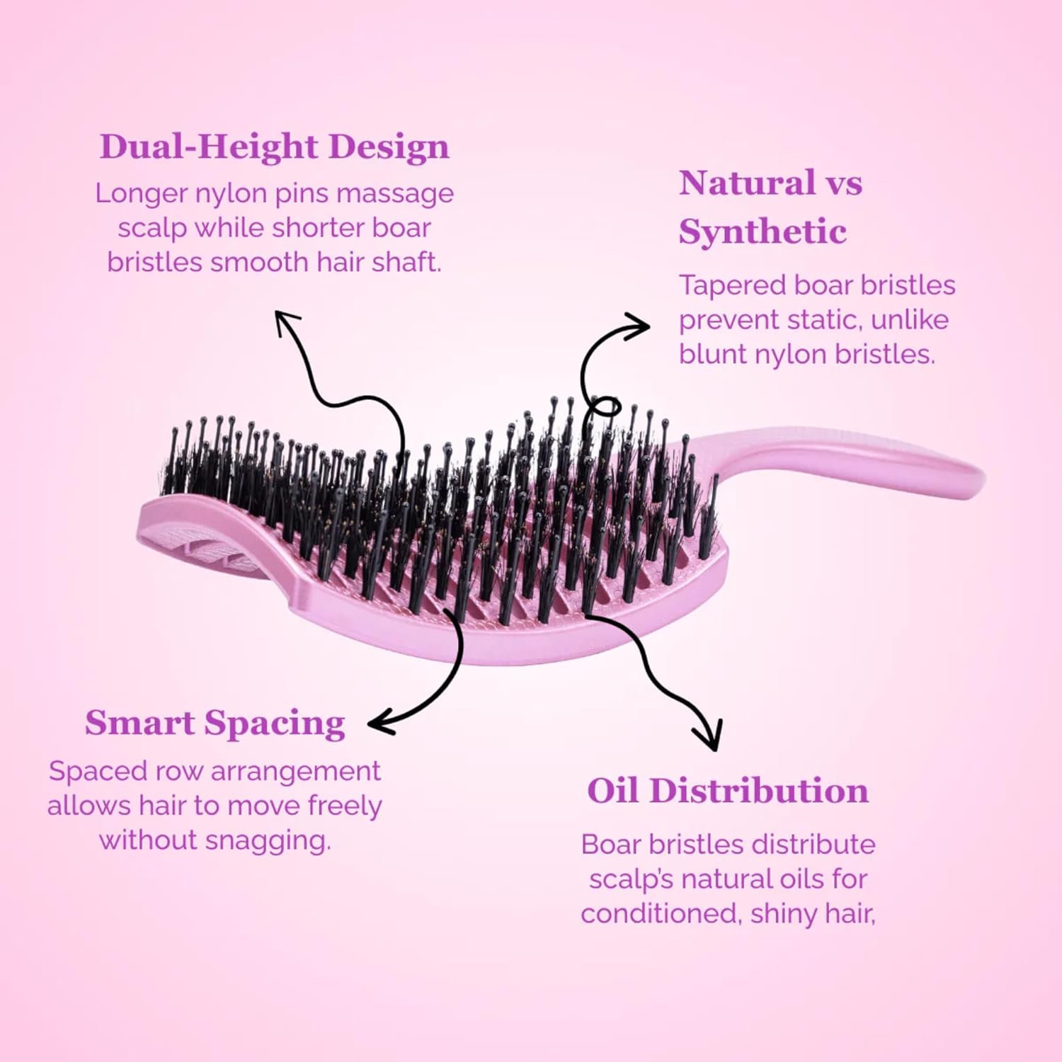 HAPPY HAIR Happy Detangler Paddle Brush with Boar Bristles & Nylon Pins | Designed by Women to Detangle & Smooth Thick, Fine or Curly Hair | Pain-Free Slick Back Brush, Ultra Lightweight (Pink)