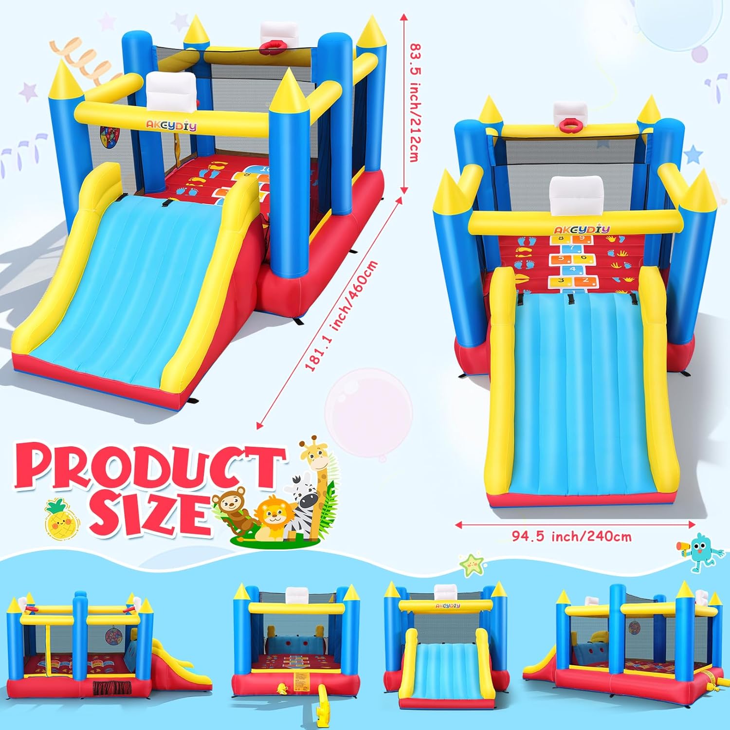 AKEYDIY Inflatable Bounce House for Kids 3-12, 15.2x8.3x7 ft Bouncy House w/Large Bounce Area, Extra Wide Slide, 2 Basketball Hoops, Removable Volleyball Net, Dart Ball Set, Blower Included