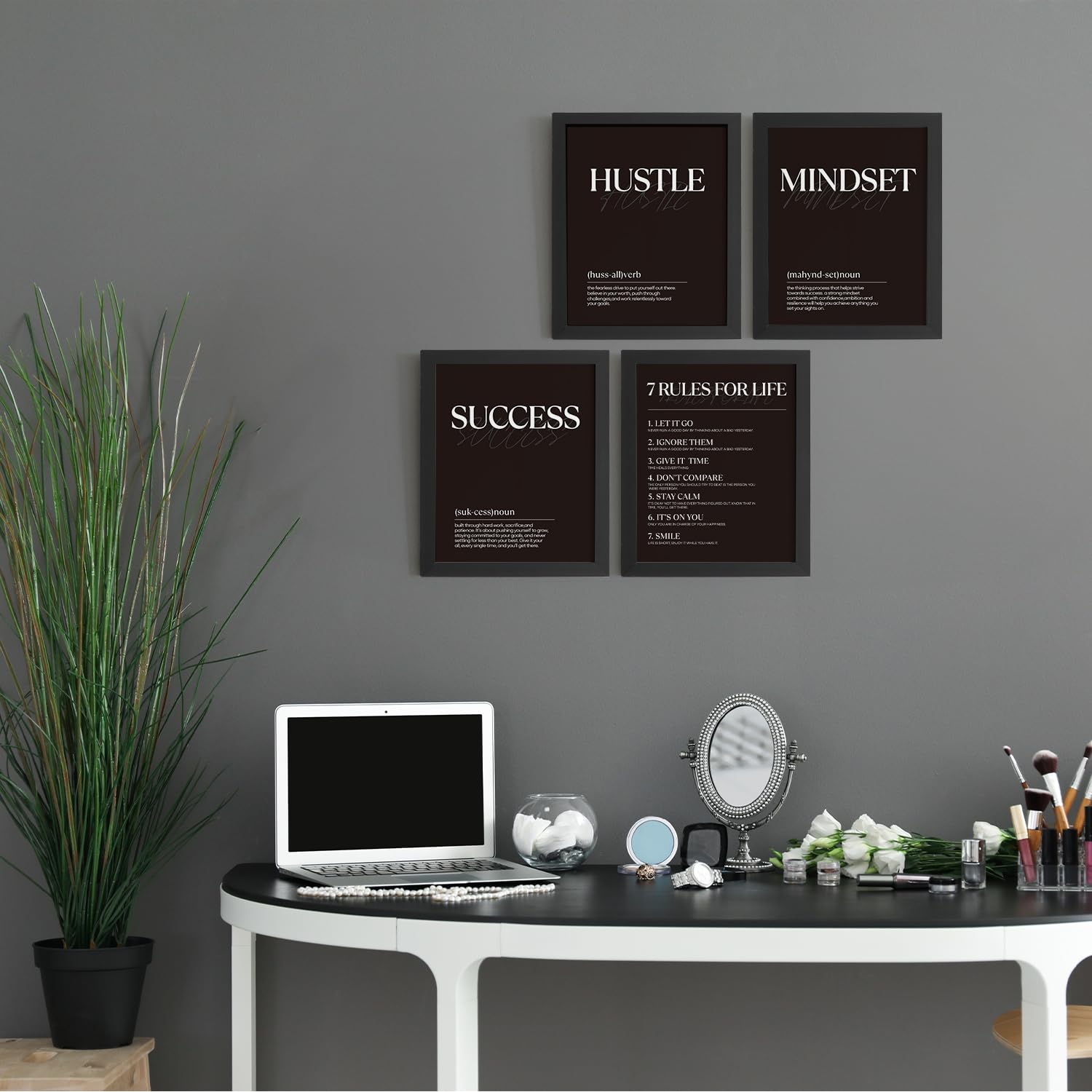 Juego de 4 cuadros motivacionales negros sin marco para decoración de pared, impresiones motivacionales negras para decoración de pared, póster de Tredny para decoración de oficina, hogar, habitación