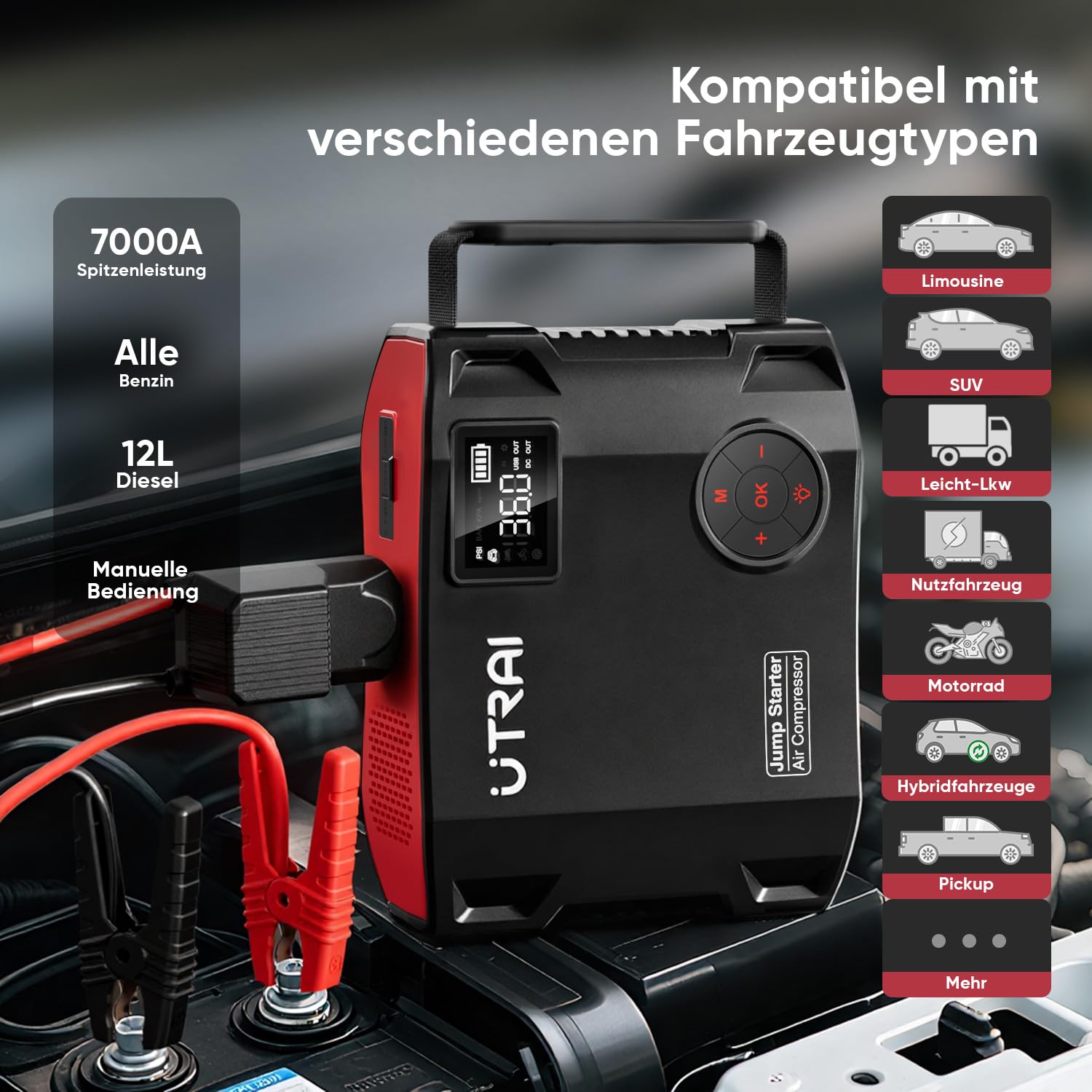 UTRAI 27000mAh Starthilfe Powerbank für Pkw, 7000A Booster Auto Starthilfe Powerbank mit Kompressor, 160W DC-Ausgang, 1600 Lumen LED Taschenlampe, Jump Starter für All Benzin, 12L Dieselmotor