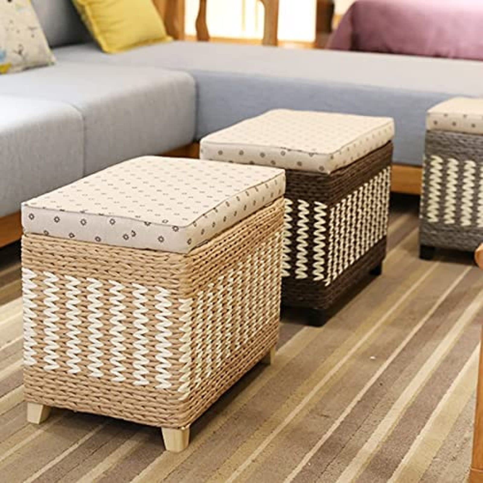 Banco de almacenamiento multifuncional para zapatos, juguetes y ropa, otomana tejida de ratán en elegante gris, 60 x 30 x 40 cm, organizador versátil para el hogar y solución de asientos