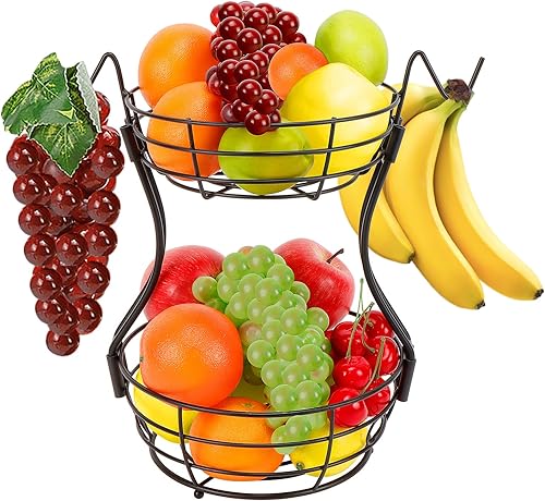 Winmien Frutero de 2 niveles con base de mármol, lujosa cesta de frutas y verduras, cesta de alambre de metal grueso de gran capacidad con 2 ganchos Winmien Frutero de 2 niveles con base de mármol, lujosa cesta de frutas y verduras, cesta de alambre de metal grueso de gran capacidad con 2 ganchos