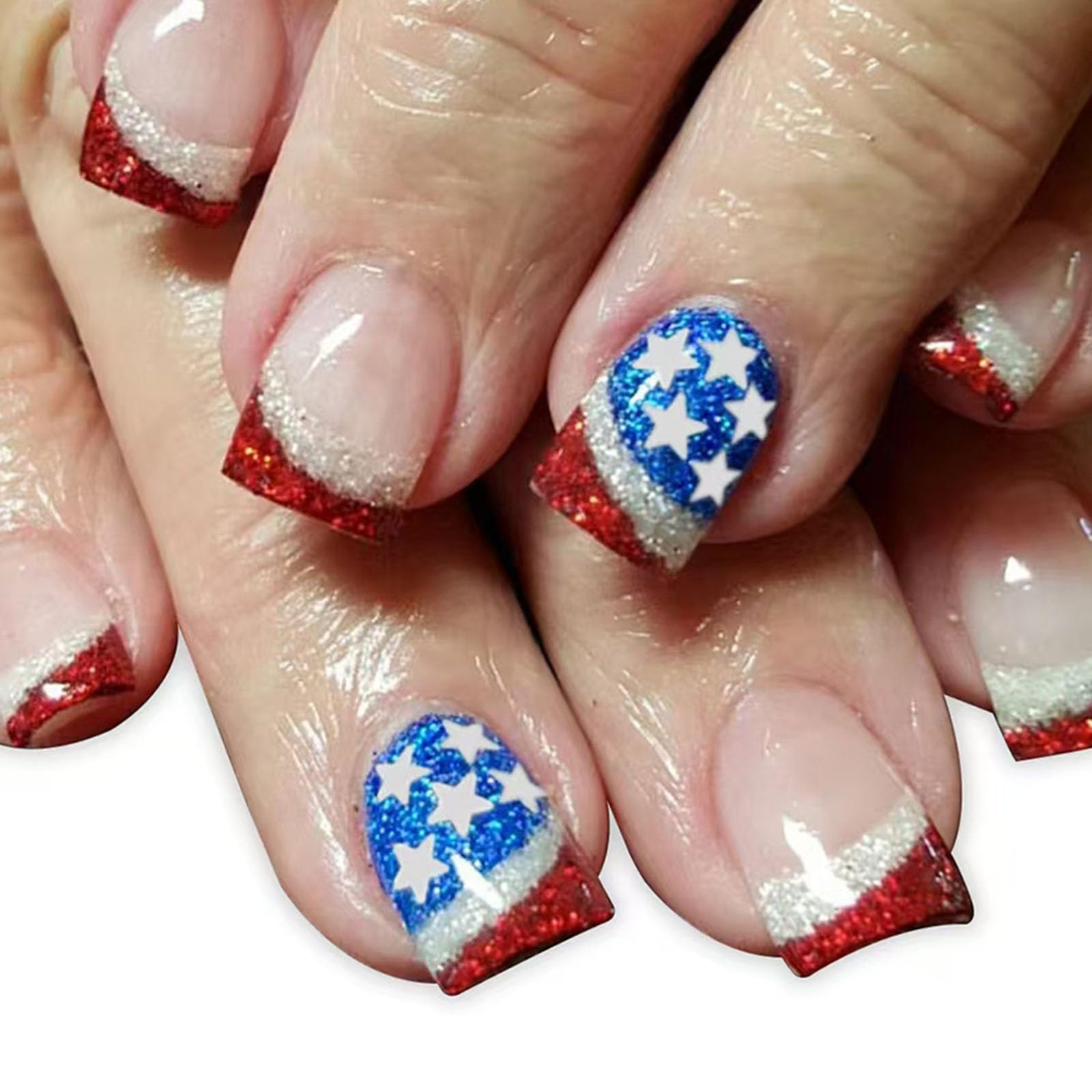 Independence Day Press on Nails Short Square Fake Nails with American Flag Star Designs Glitter Nails Press ons Red French Tip False Nails for Women