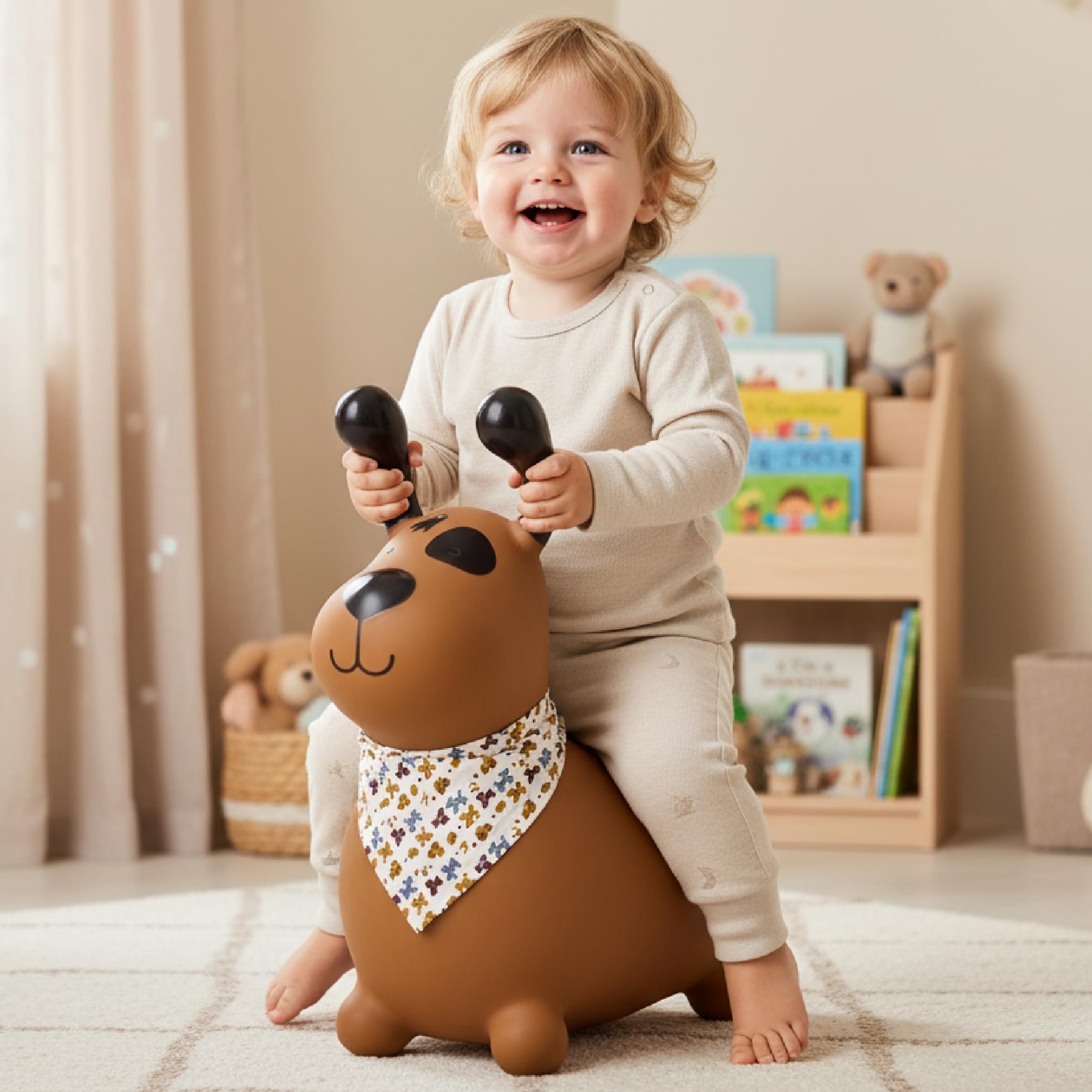 sun baby Saltador Hinchable para Niños hasta 45 Kg sin BPA, de 1 año, Pelotas saltarinas para niños (Perro marrón con Bandana)