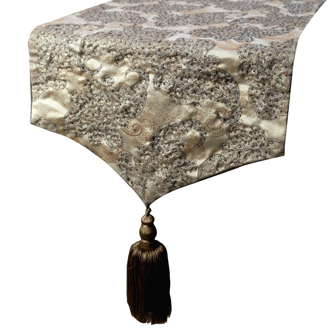 The HomeCentric Luxury Silver & Gold Table Runner 35 x 160 cm, Paisley, Beaded & Foil with Tassels Table Runner, Jacquard Silk fabric Table Linen, Paisley Pattern Contemporary Style - Paisley Luxury — image 1