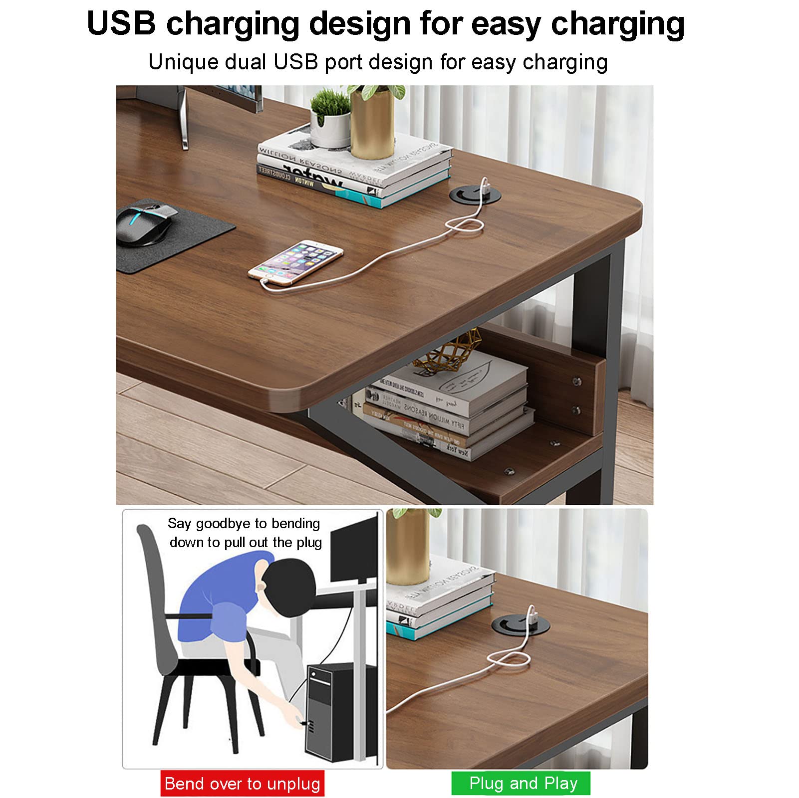 Ergonomiczne biurko komputerowe w kształcie litery K, porty USB, stół do gier do domowego biura, gabinetu i stacji roboczej, 100 x 60 x 76 cm, czarny