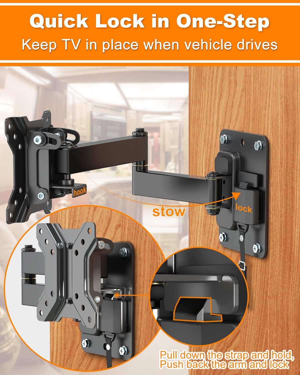 GOFORWILD Lockable RV TV Mount, Full Motion RV Mount for Most 10-26 inch TV, TV Wall Mount for Camper Truck Trailer Marine Boat Motor Home, Max VESA 100x100mm, up to 33LBS