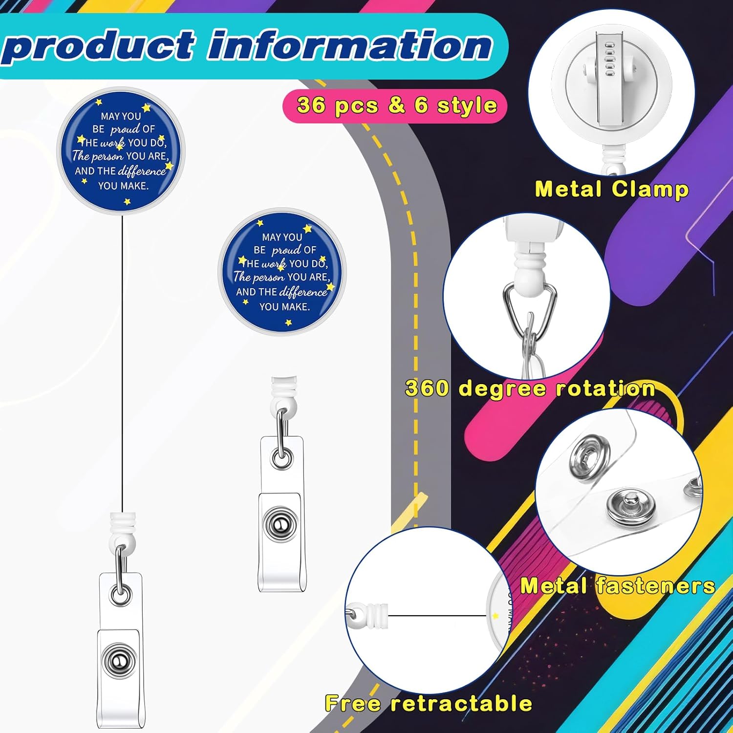 Engrowtic 36 Pcs Nurse Appreciation ID Badge Holder Gifts Bulk May You Be Proud of The Difference You Make Administrative Assistants Day Gifts Badge Reel for Women Coworker Employee (Colorful)