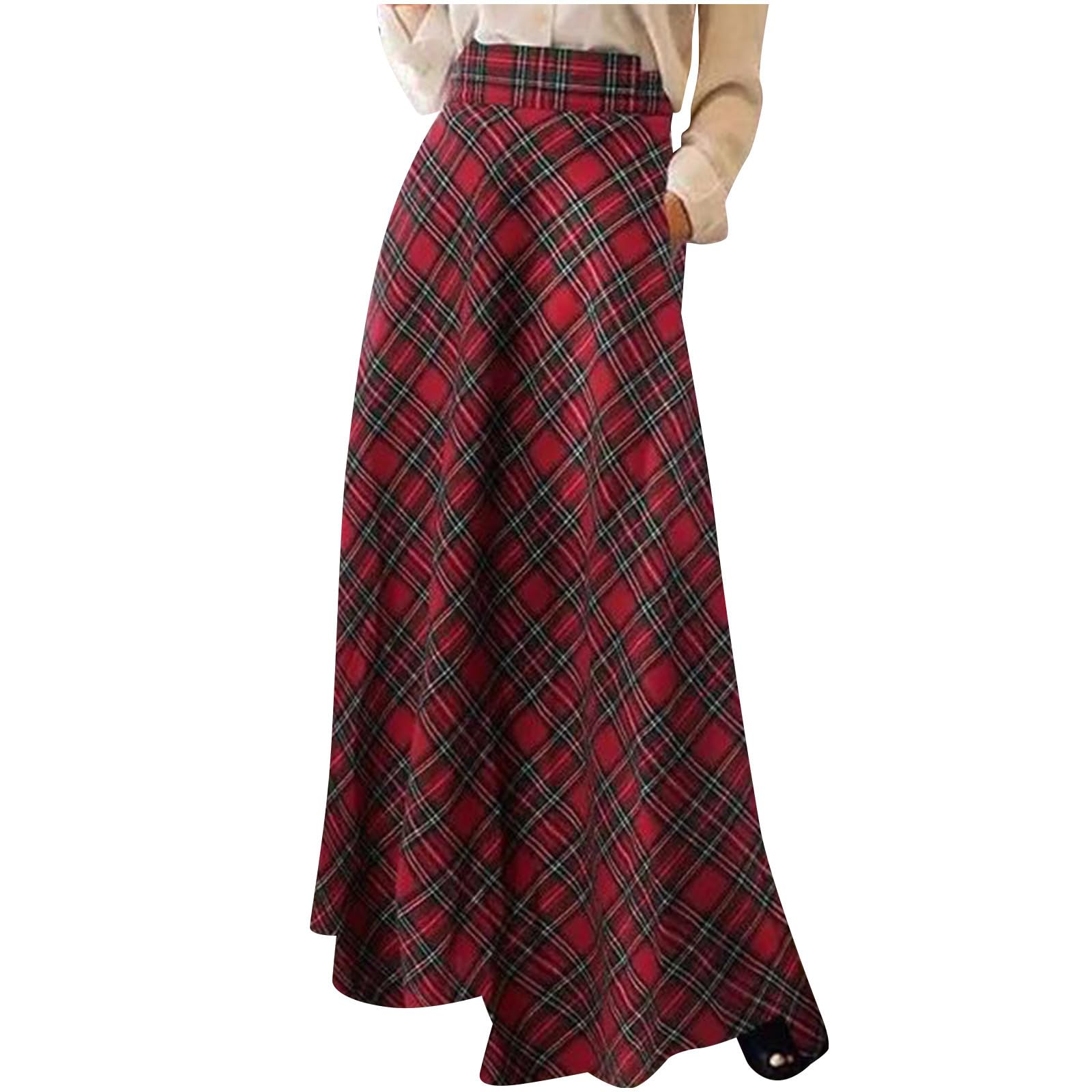 Womens Plaid Skirt Warm Elastic Waist Faux Wool A-Line Pleated Tartan Winter Long Skirts Plus Size Retro Skirts