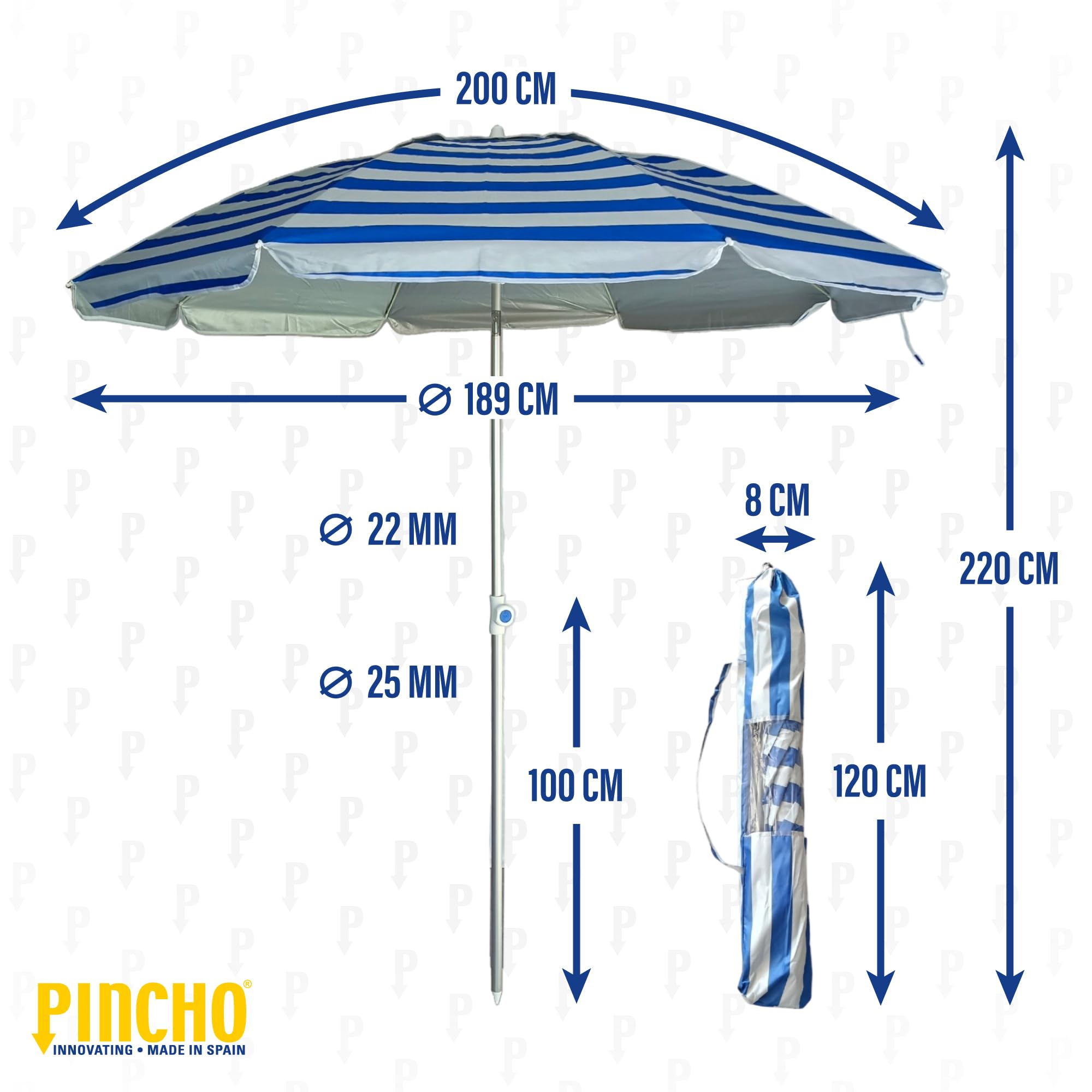 Pincho Sombrilla Playa Grande 200 cm, Antiviento con Protección UV50+, Tubo de Aluminio y 8 Varillas de Fibra de Vidrio, Reclinable con Ventana Superior, Incluye Punta de Aluminio.