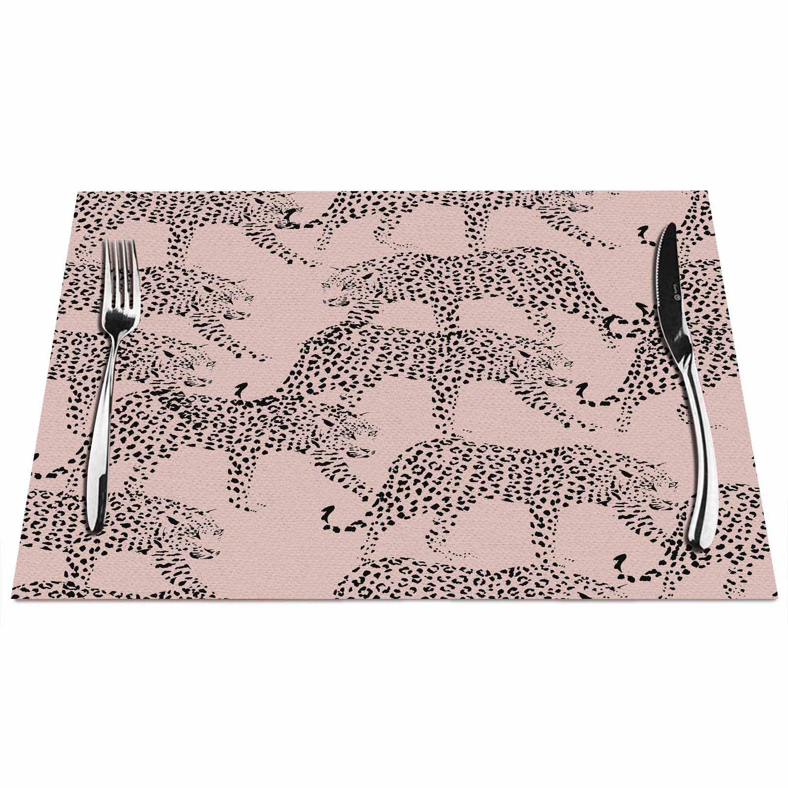 Walmsco Placemats Leopard Pattern Pink Background Decor For Dining Room Kitchen Table,Waterproof Non-Slip Washable Heat Resistant Placemats,Set of 4,12"x18"