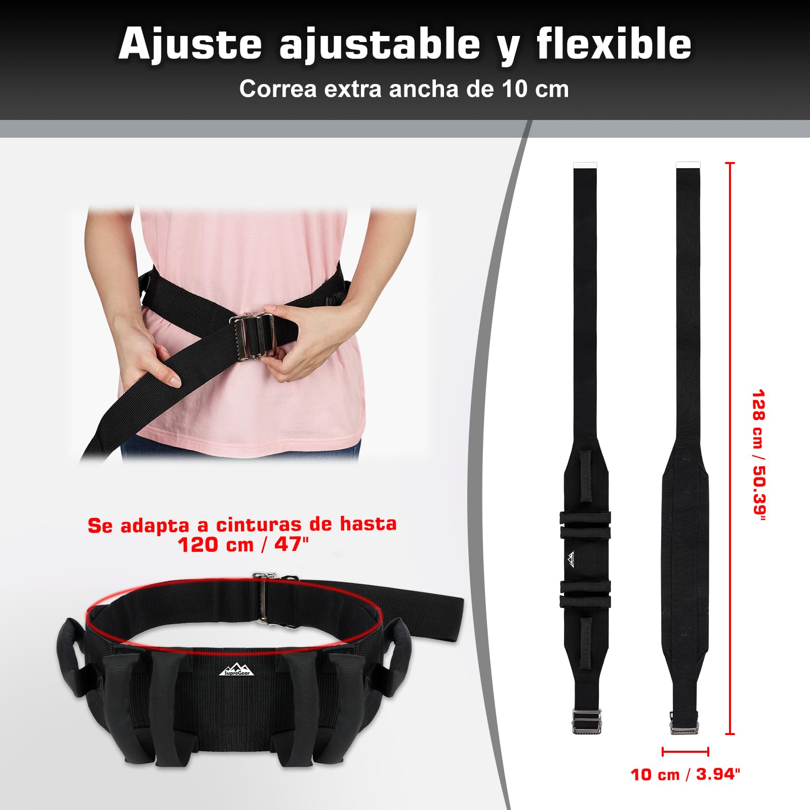 supregear Cintura di Sostegno con Maniglie – Cintura da Trasferimento per Anziani, Disabili, Persone Bariatriche – Supporto Sicuro per Camminare e Stare in Piedi – Fibbia in Metallo, Negro
