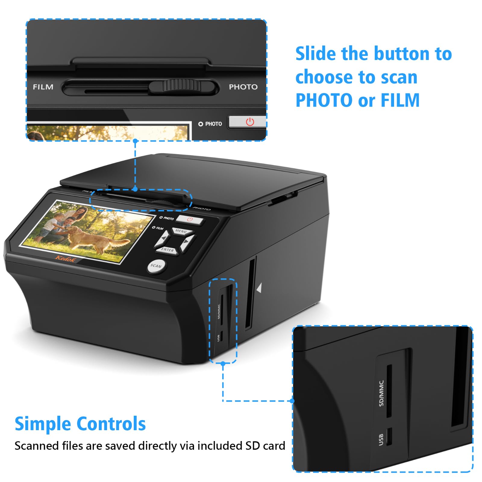 Escáner fotográfico 35mm 110mm 22MP LCD 5 Pulgadas JPEG Tarjeta SD 8GB