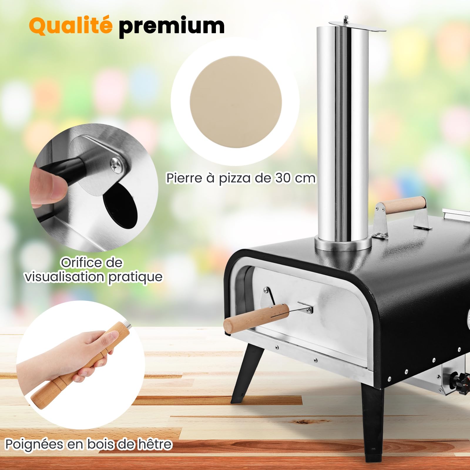 COSTWAY Four à Pizza Extérieur Portable en Acier Inoxydable 30 cm avec Pierre à Pizza, Poêle à Granulés de Bois Thermomètre Pelle Sac