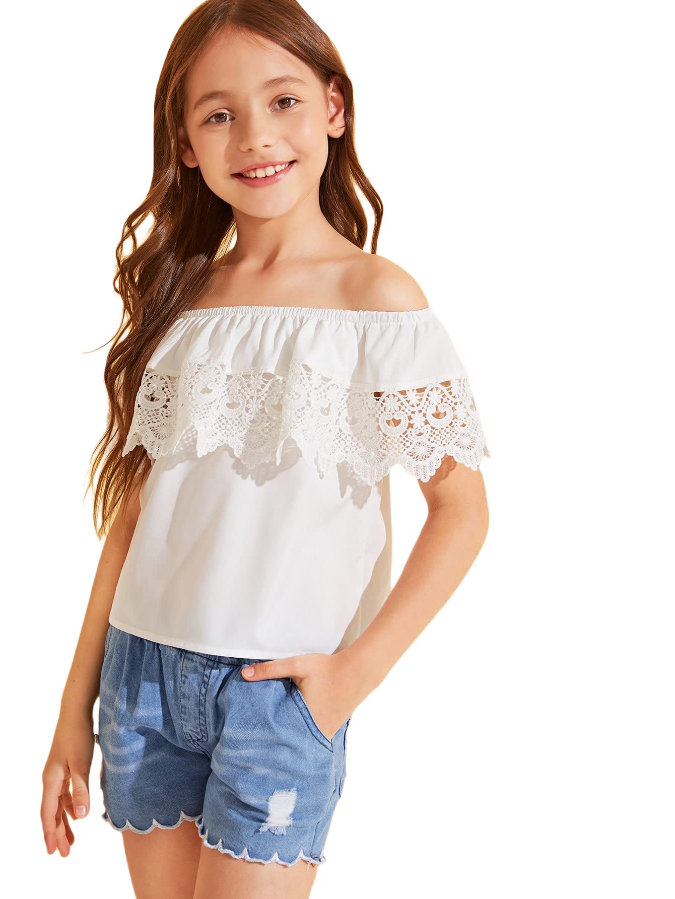 WDIRARA Girl's Off The Shoulder Ruffle Trim Lace Short Sleeve Blouse Top