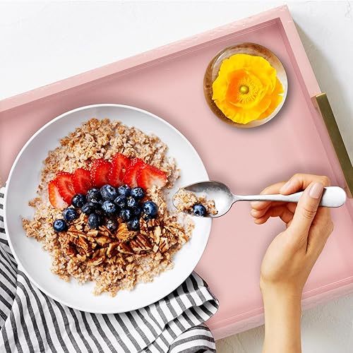 Miniatura 5 de MAONAME Bandeja decorativa de madera, bandeja para servir con asas de metal, moderna bandeja rosa para otomana, bandeja rectangular para mesa