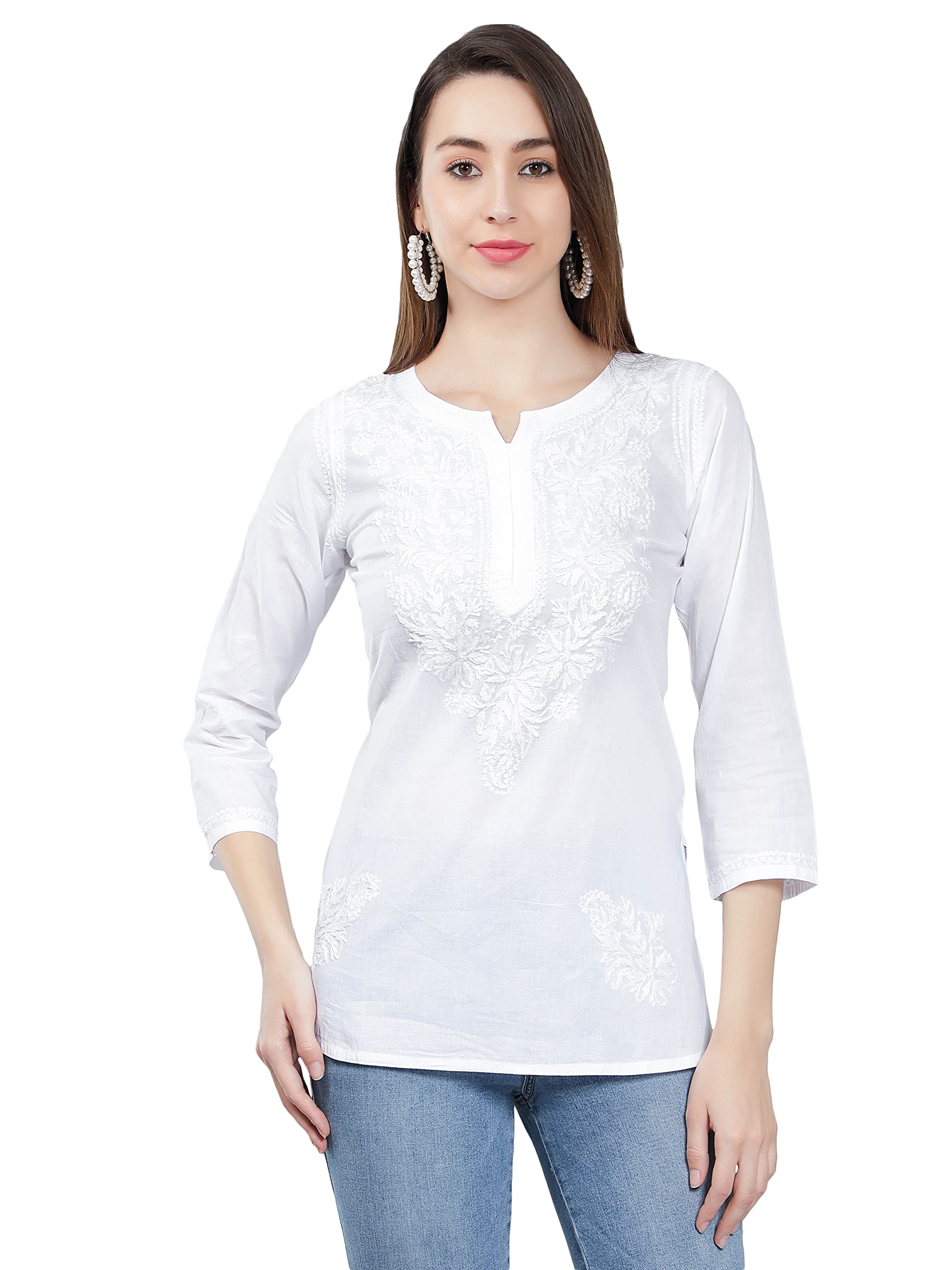 seva chikan Hand Embroidered Lucknowi Chikankari White Cotton Short Top Tunic for Women SCL9048-picture-38
