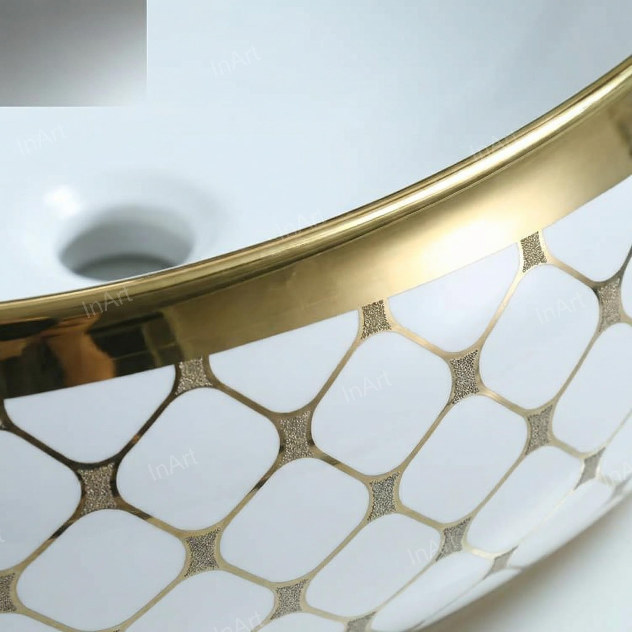 InArt Designer Ceramic Wash Basin/Vessel Sink/Over Above Counter Top Wash Basin for Bathroom Oval Shape, Golden (White, 24 x 16 x 6 Inch) 3