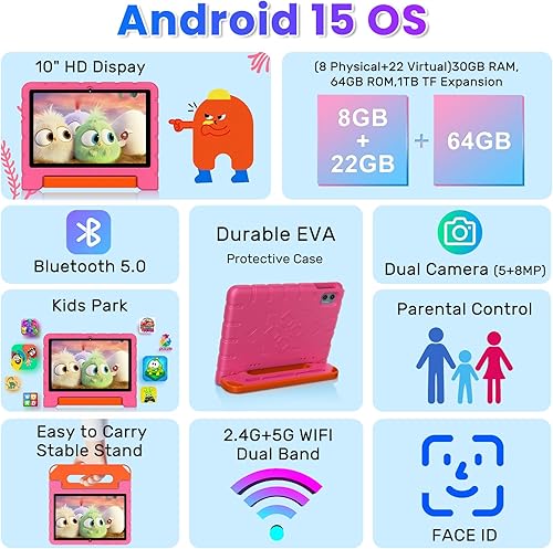 Miniatura 2 de Tableta infantil 2025 con Android 15 de 10 pulgadas para niños Octa-Core, 30 GB+64 GB (TF 1 TB), tableta para niños pequeños con funda a prueba de