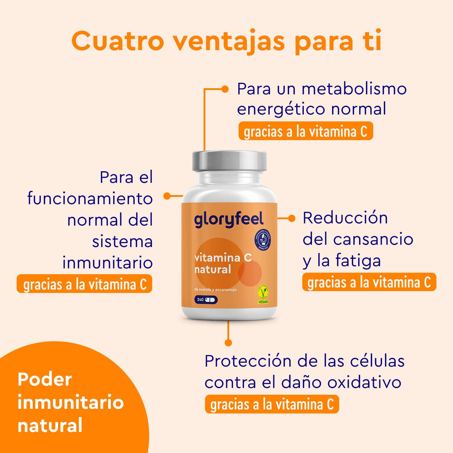 Vitamina C Natural 1.240mg - 240 Cápsulas - A base de Extractos de Acerola y Escaramujo - Refuerza el Sistema Inmunitario y el nivel de energía - Vitamina C pura - Probado en laboratorio