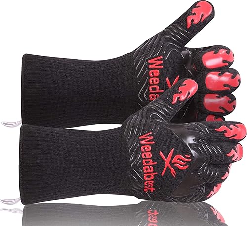 Miniatura 8 de WEEDABEST Guantes de barbacoa calientes resistentes al calor, guantes de cocina profesionales largos resistentes al calor para parrilla, ahumador,
