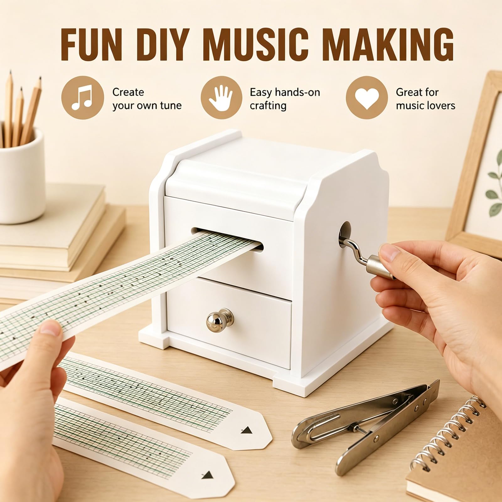 Caja De Música De Madera con Manivela, Mecanismo De Madera De 15 Notas, con Cajón De Almacenamiento, para Crear Melodías Personalizadas, Incluye 16 Cintas Partituras Y 14 Cintas En Blanco