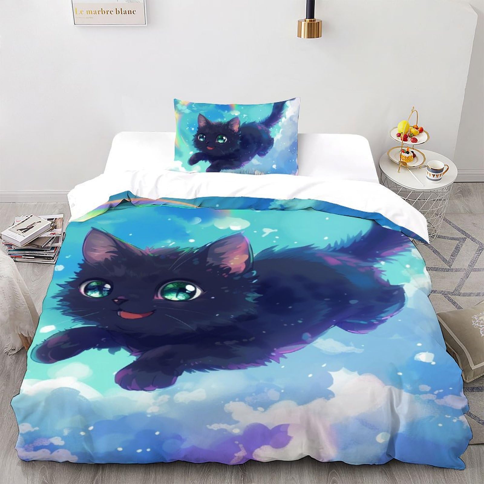Housse de couette chat et animaux parure de lit 1 personne 135x200cm pour adulte et enfant