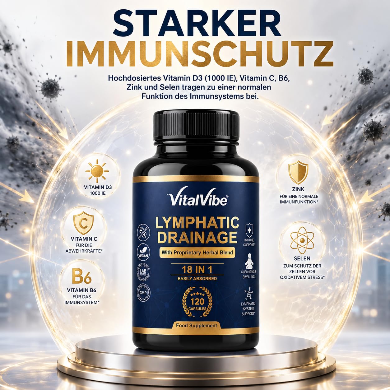 Lymphdrainage Kapseln - 18 in 1 Komplex mit Löwenzahn, Klettenwurzel & Bromelain - Lymphatisches System & Immunsystem Support - 120 Vegane Kapseln mit Vitamin C, D3, Zink & Selen