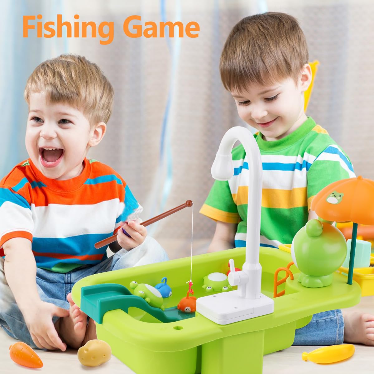 TuiVeSafu Play Sink with Running Water, Toddler Sink Toy with Automatic Water Cycle System ? Play Food, Pool Floating Fishing Game, Role Play Pretend Dishwasher Toy Gift for Boys Girls