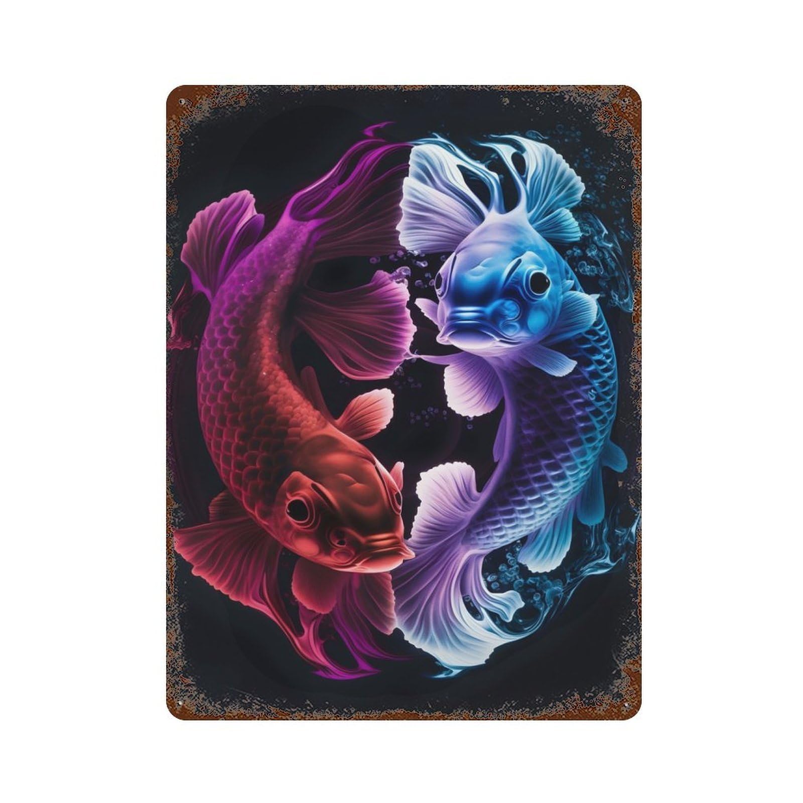 Neon Koi Fish Rusty Metal Tin Sign 15.7"x11.8", for Patio, Garden Room And Bar Decor, Old School Wall Decor