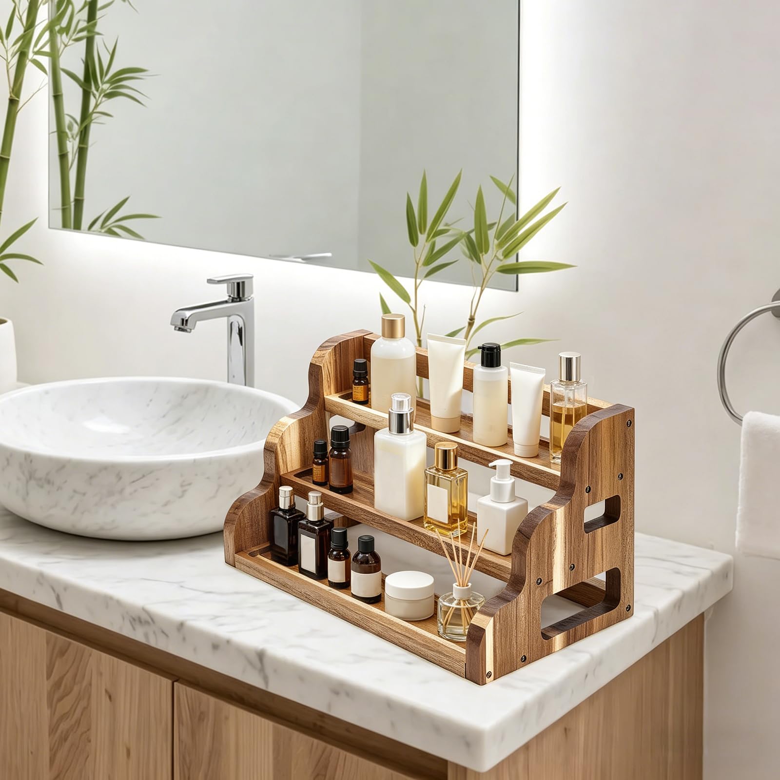 Étagère à épices en bois d'acacia, étagère à épices à 3 étages pour armoire, étagère de rangement en bois pour plan de travail de cuisine ou garde-manger