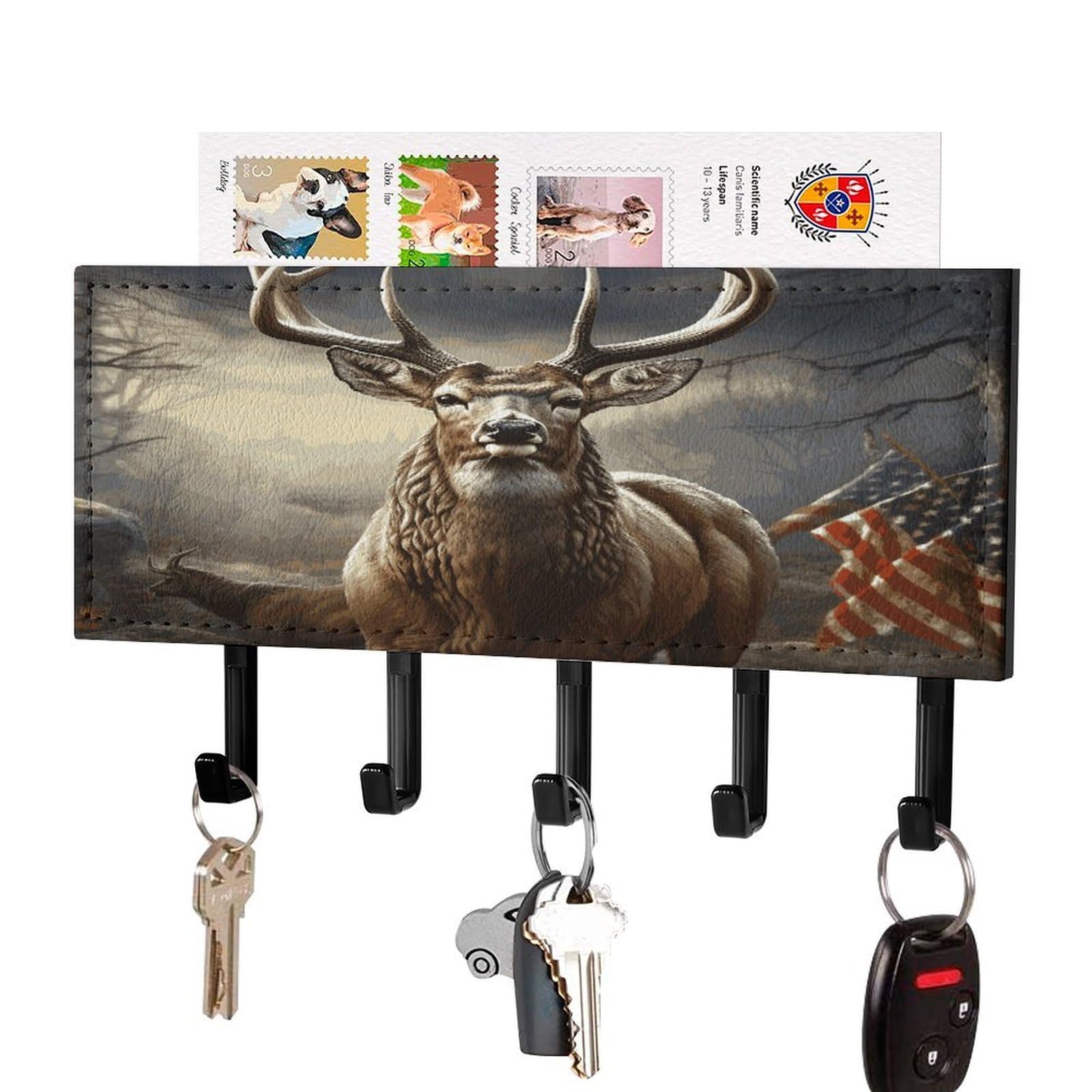 FekiLoot Deer Hunting Season Key Holder Wall Mount Key Hanger with 5 Hooks Decorative Key Rack Hanging Key Hooks with Mail Organizer Key Holder for Wall Living Room Kitchen Bathroom Hallway Black