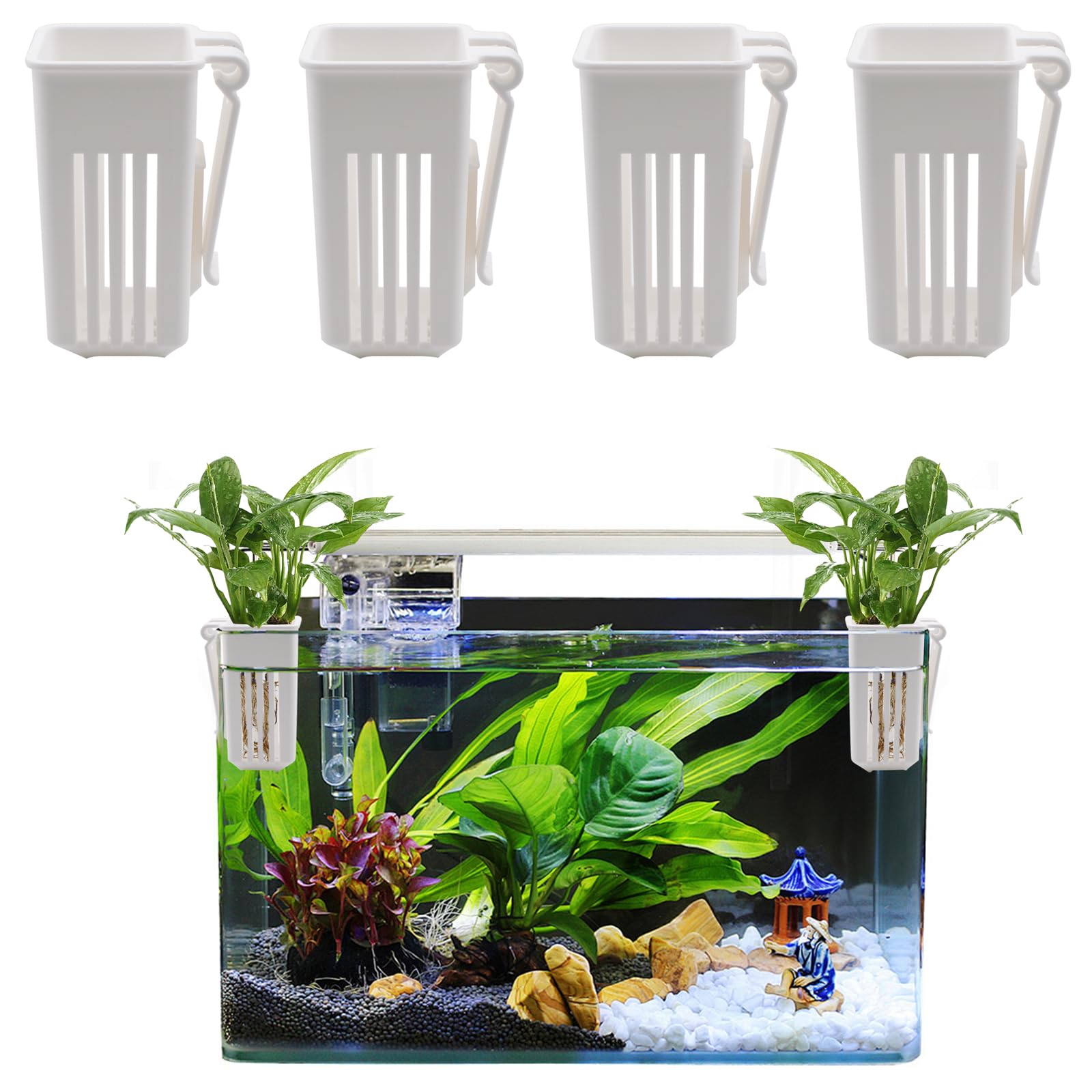 4 PCS Aquarium Plant Holder, White Wall Mounted Basket for Fish Tank Aquaponic Plant Cultivation and Landscape Decoration, 1.97 x 1.77 x 3.74 Inch
