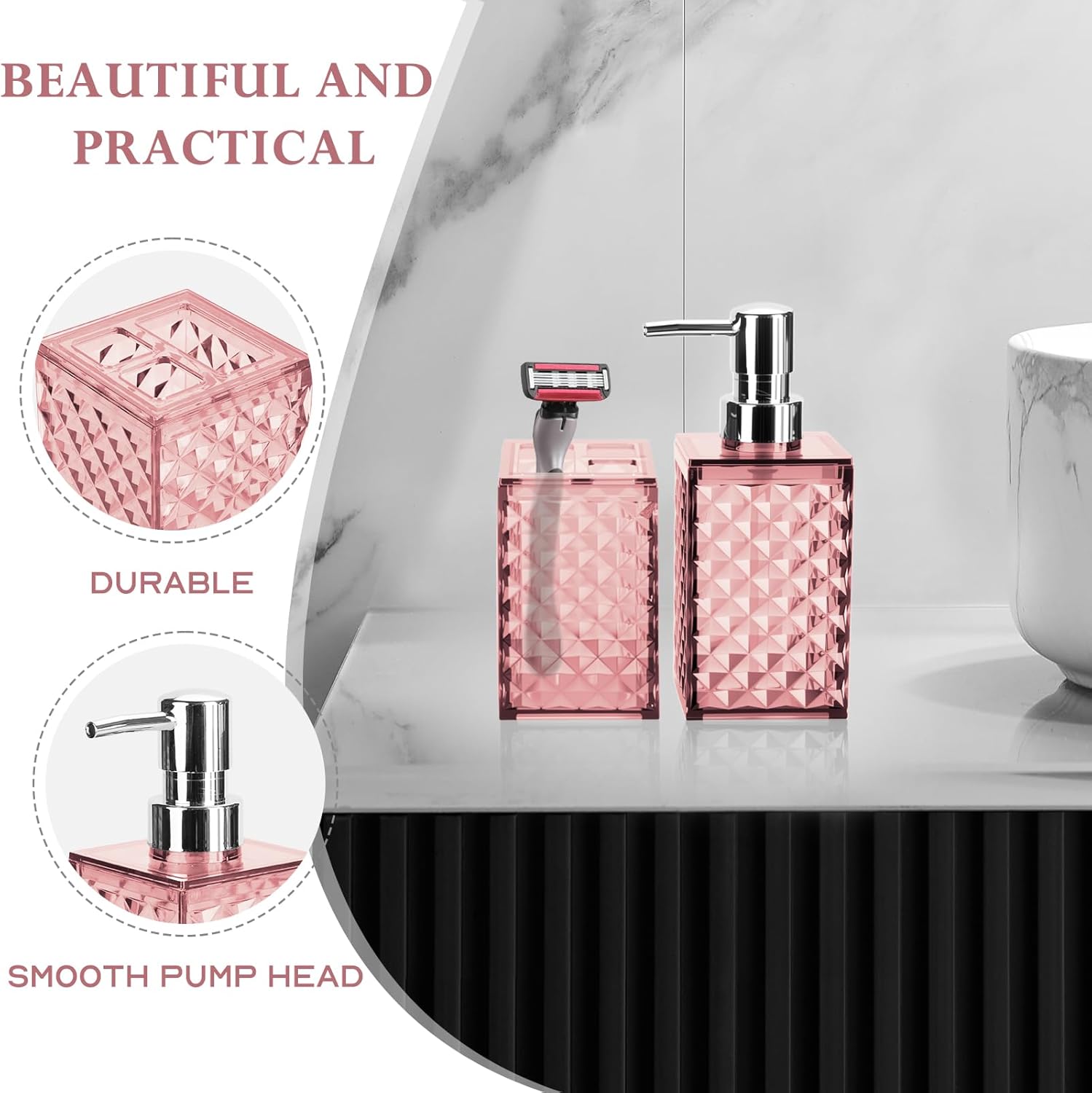 Bathroom Accessories Set 2 PCS, Pink Bathroom Accessories Include Soap Dispenser and Toothbrush Holder, Diamond Pattern Bathroom Set for Boho Bathroom Decor