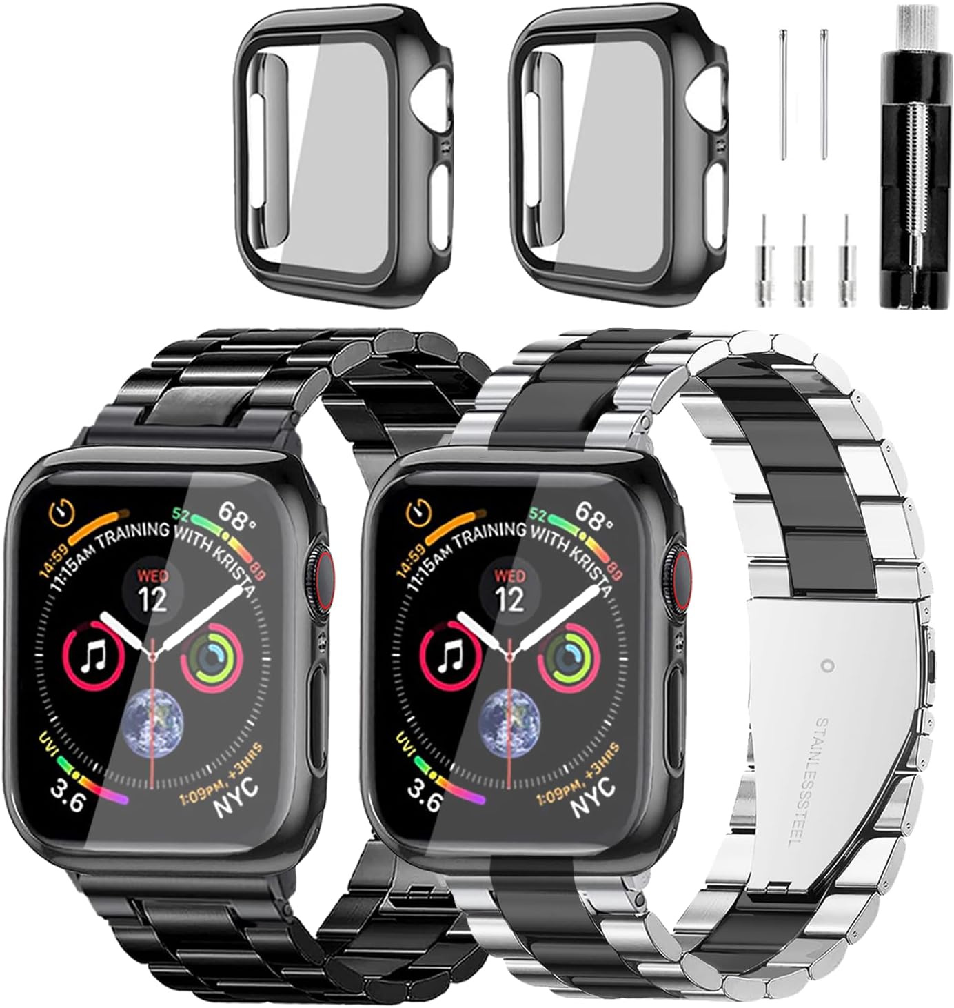 Stainless Steel Band and Case Compatible With Apple Watch Iwatch Ultra Series 11 10 9 8 7 6 5 4 3 2 1 SE 49mm 45mm 46mm 44mm 42mm 41mm 40mm 38mm,Men Women Classic Classy Metal Business Black/Silver&Black 38/40/41mm (Series1-9,SE 1/2/3)