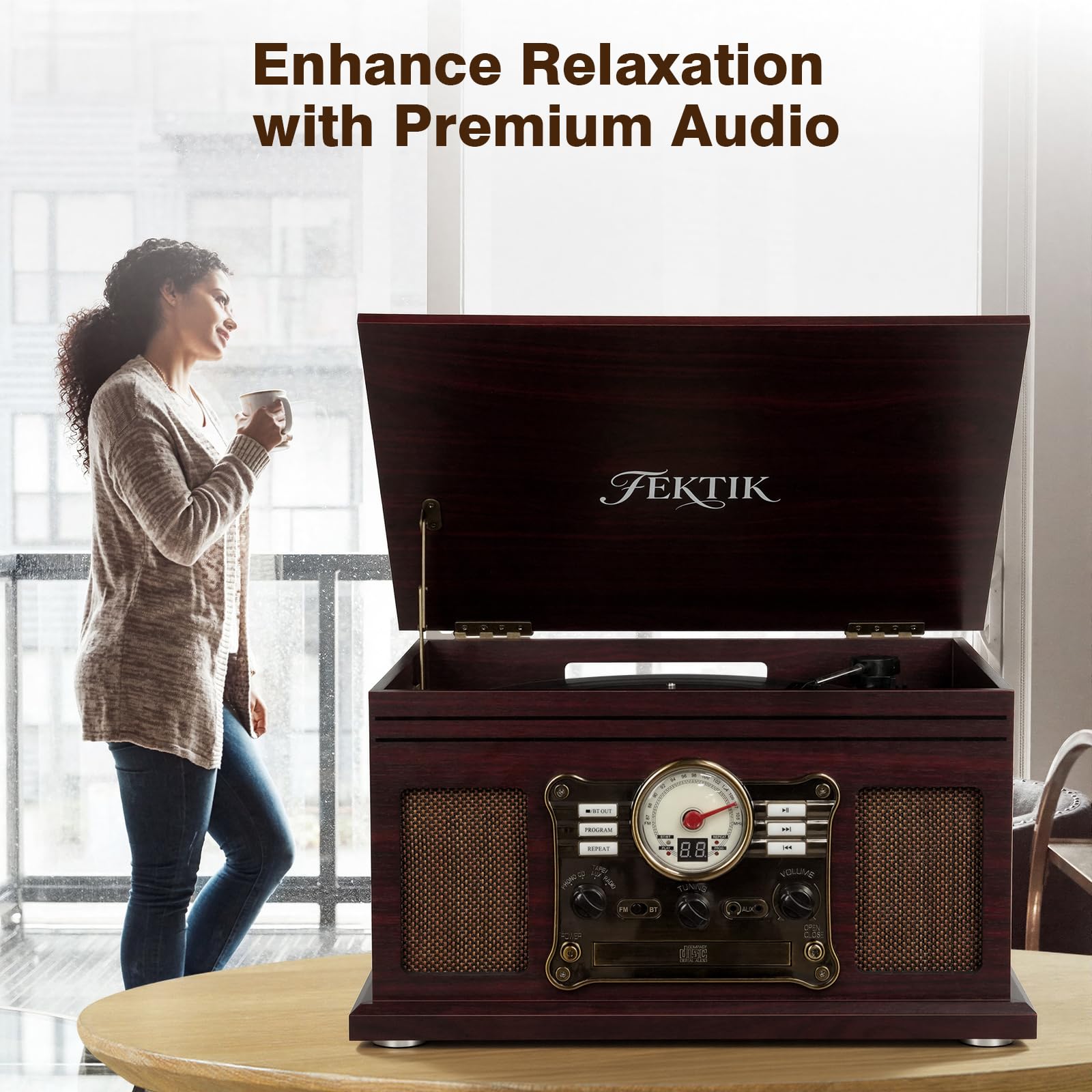 FEKTIK Lettore di dischi Bluetooth 10 in 1, Giradischi a 3 velocità con trasmissione a cinghia e altoparlanti, Ingresso e uscita Bluetooth, CD, Cassetta, Radio FM, Streaming wireless