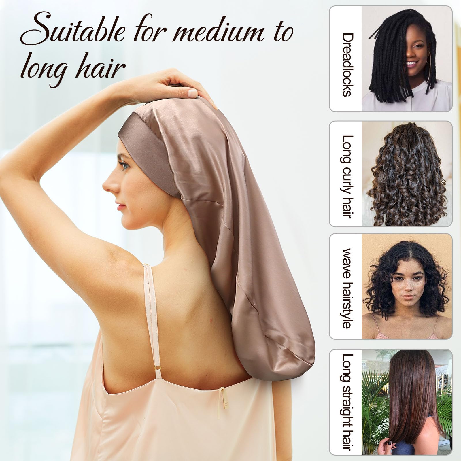 Gorro Seda Dormir Protege el Cabello, Adecuado para Cabello Largo Que llega hasta la Cintura 32×60cm (1 Unidad, Gris Elegante)