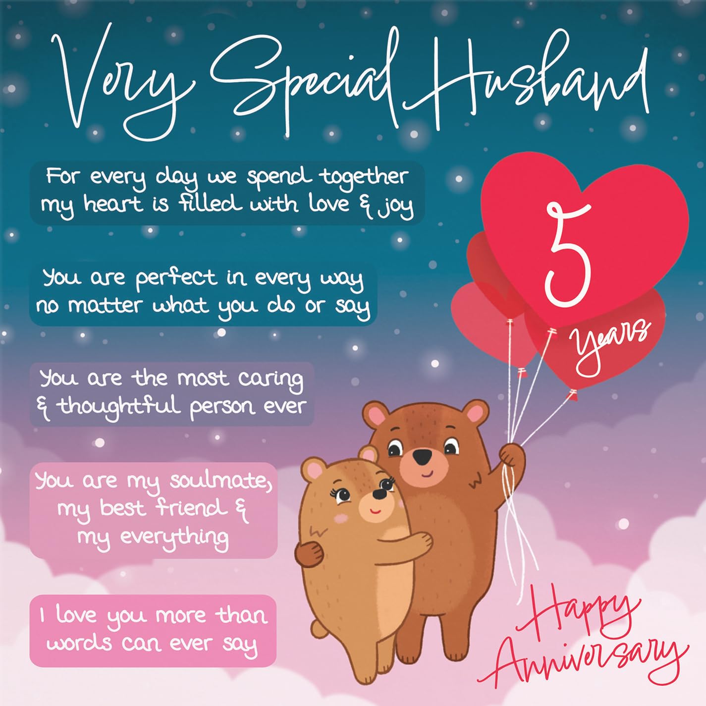 Hunts England - Starry Night 5th Anniversary Card for Husband - Cute Bears and Poem, 5th Husband, Standard (148 x 148 mm) - Image 2