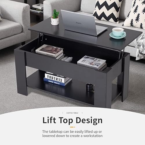 Miniatura 4 de FDW Mesa de Centro Elevable de 39.4 pulgadas con Compartimento Oculto y Estante de Almacenamiento, Tablero de Madera Elevable para Hogar, Sala de