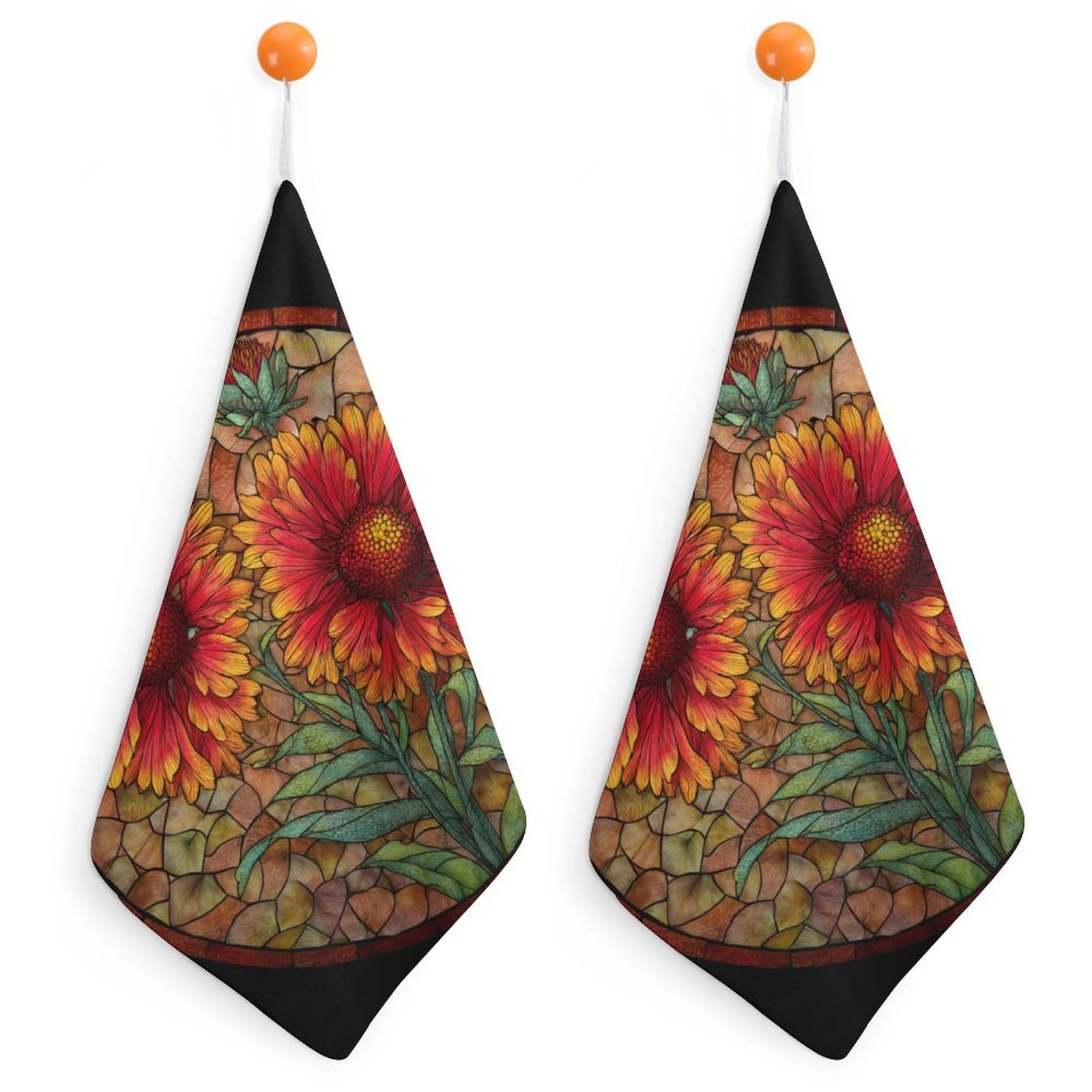 Jubonexis Stained Glass Indian Red Flower Simple Small Hand Towel with Hanging Loop 2 PCS Absorbent Soft Wash Cloth for Kitchen Bathroom