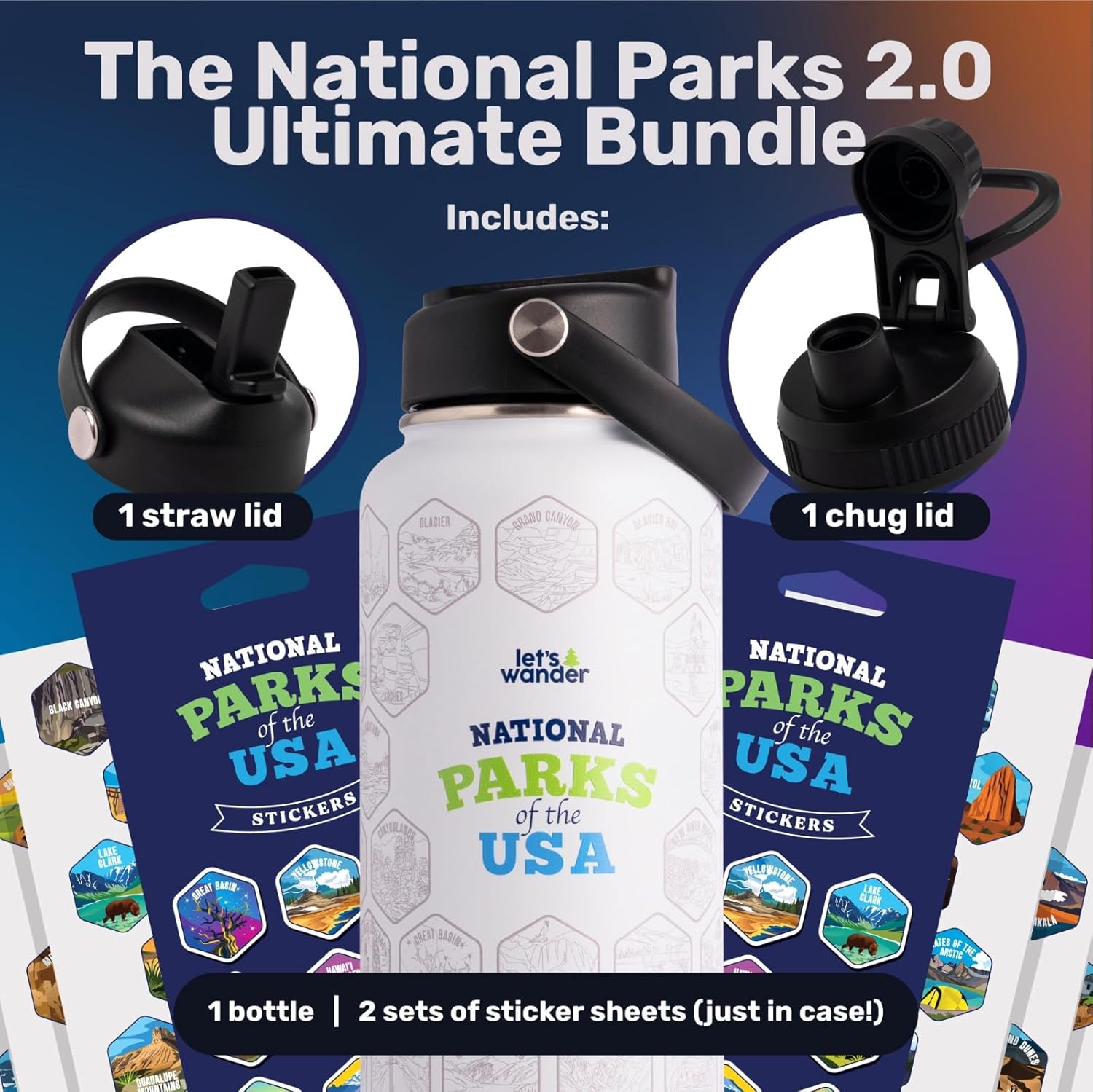 LET'S WANDER National Parks Water Bottle 2.0 Ultimate Bundle | Includes Straw Lid, Chug Lid & 2 Sets of 63 Waterproof Stickers | 32oz Leakproof Insulated Stainless Steel Gift Pack (Blue) - Image 3