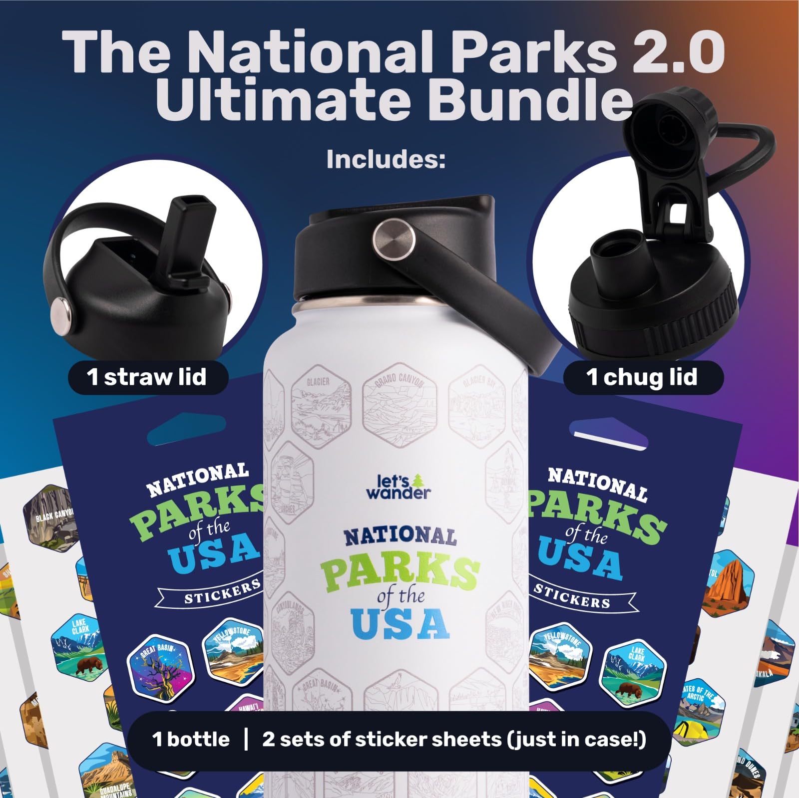 LET'S WANDER National Parks Water Bottle - 32oz Insulated Stainless Steel With 63 Waterproof Stickers