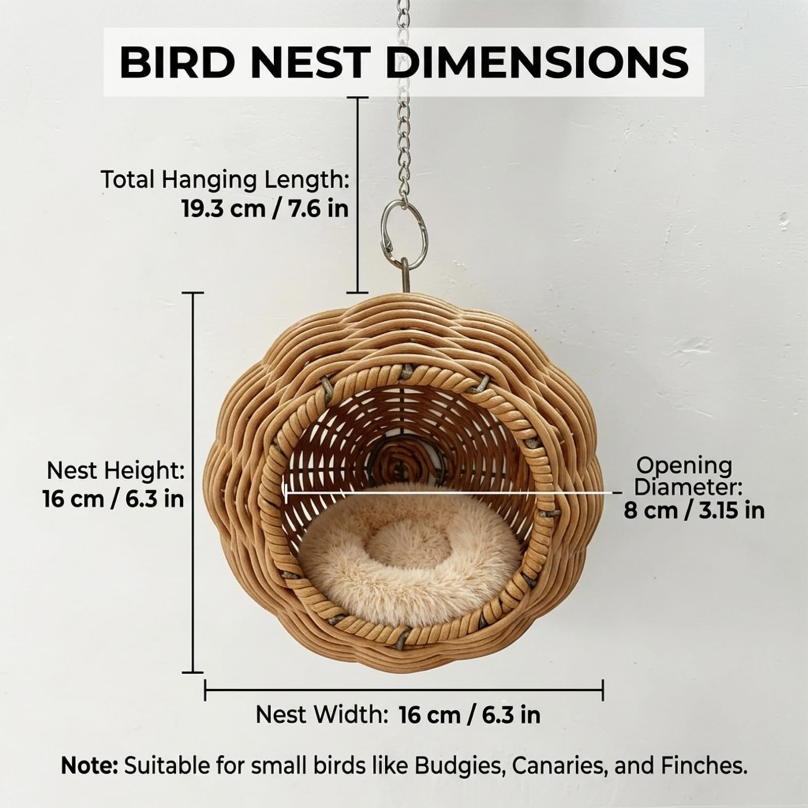 Nid Oiseau pour Cage, Nid en Rotin Imité avec Armature en Acier, Nid d’Élevage Transpirable pour Perruches, Canaris, Pinsons avec Coussin Amovible et Chaîne de Suspension